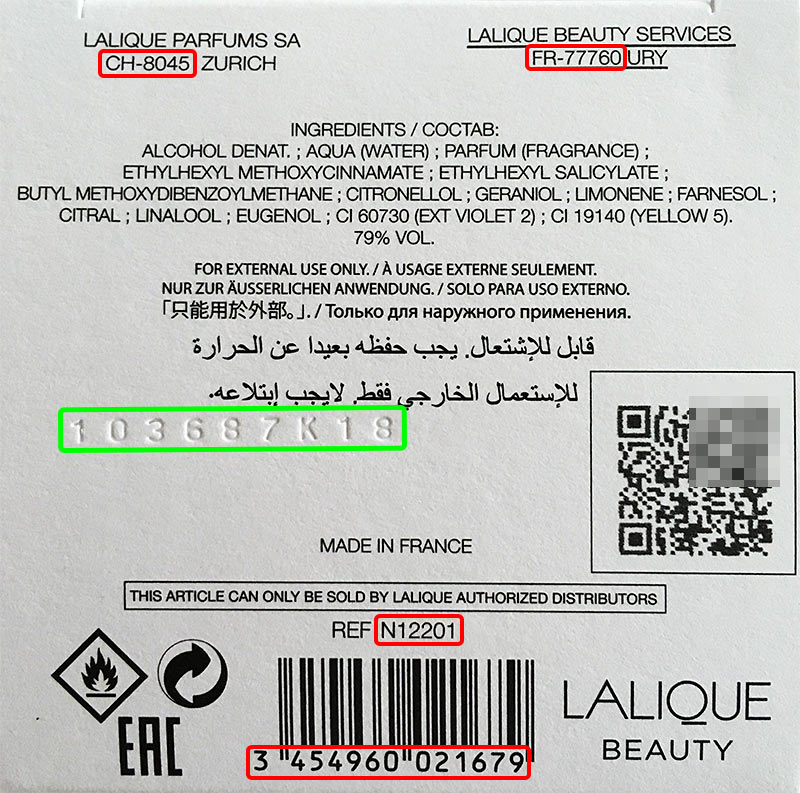 Lalique Beauty / Art & Fragrance Parfums batch code